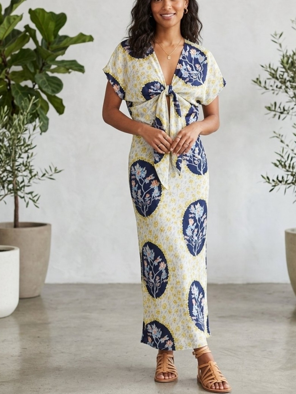 Chris Benz Womens Size 6 Silk Chiffon Floral Maxi Dress V-Neck Lined tie no belt